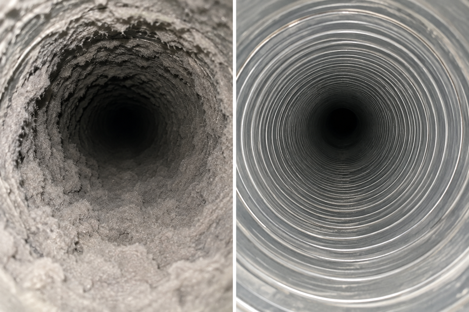 Dryer vent duct before and after cleaning: heavy lint buildup on the left and a clean interior on the right